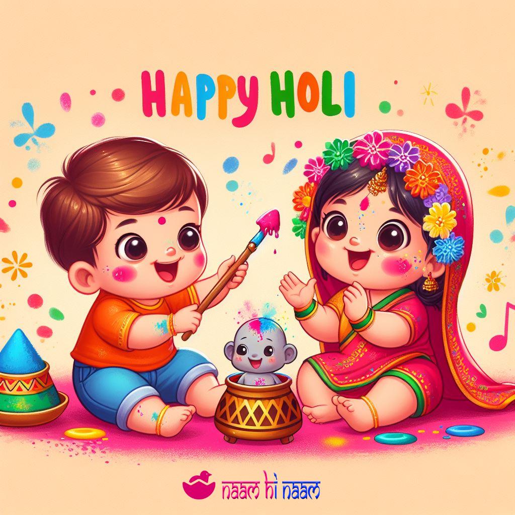 baby boy and girl playing colorful Holi